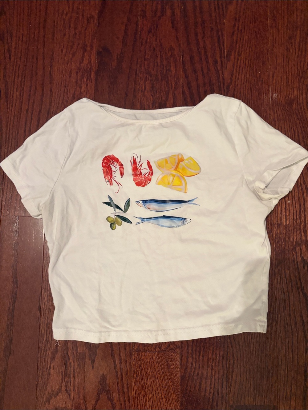 Women’s White Graphic Baby Tee with Seafood